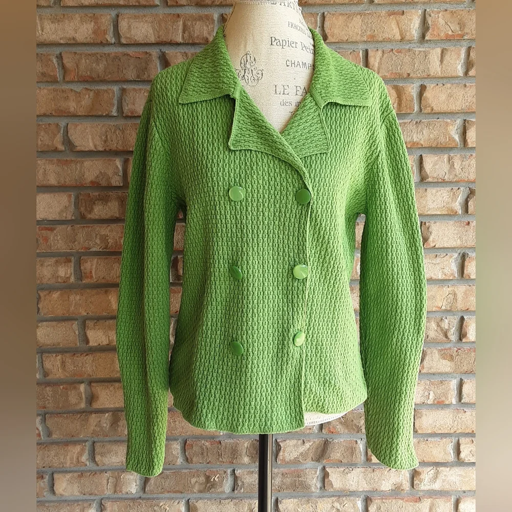Talbots Vibrant Green Classic Cable Knit Cozy Sweater Jacket.